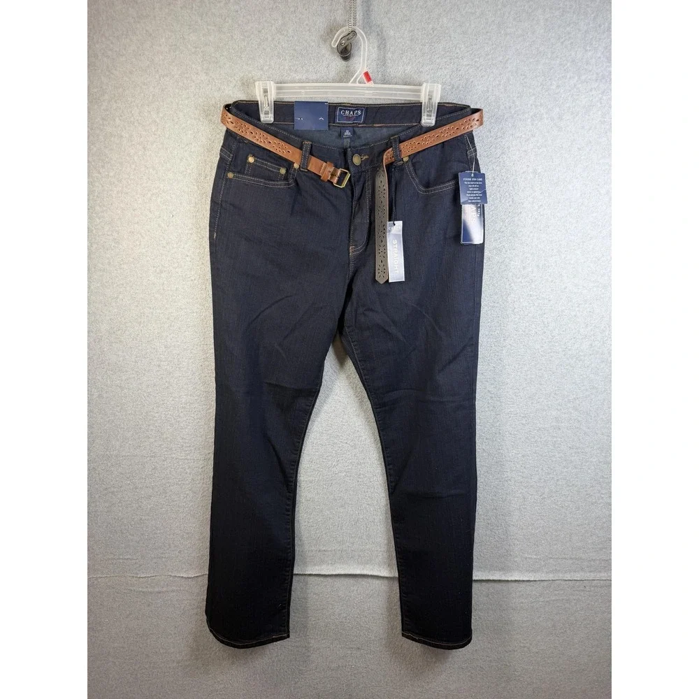Chaps Jeans Womens 10 Dark Blue Rinse Straight Slimming Fit Belted Stretch Denim